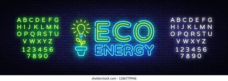 Eco Energy Neon Logo Vector. Green Energy neon sign, design template, modern trend design, night neon signboard, night bright advertising, light banner, light art. Vector. Editing text neon sign