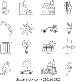 Eco energy outline flat vector icon collection set