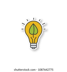 Eco energy patch. Lightbulb with plant leaf. Color sticker. Vector isolated illustration