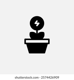 Eco energy plant in a pot icon semi solid, free energy, ecology, renewable and green energy concept. Glyph icon.