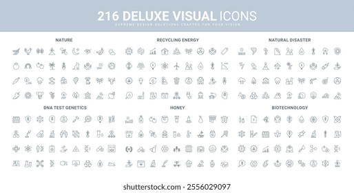 Eco energy and recycling, biotechnology and DNA research, natural disaster line icon set. Production of honey and bee products, biohazard danger thin black outline symbols vector illustration