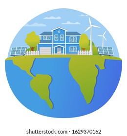 Eco energy renewable house. Solar, wind power. Planet map. Vector illustration. Eco-friendly home.Urban landscape. Solar energy,wind power. Alternative energy house.