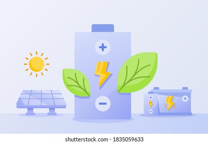 Eco ahorro de energía hoja verde de la batería energía solar fondo aislado blanco con estilo plano