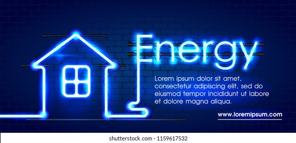 Eco energy saving light bulb, glowing compact fluorescent lightbulb. Energy saving digital design concept of blue glowing neon sign and house. Eco energy banner.