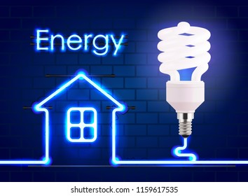 Eco energy saving light bulb, glowing compact fluorescent lightbulb. Energy saving digital design concept of blue glowing neon sign and house. Eco energy banner