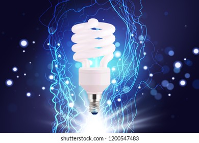 Eco energy saving light bulb, glowing compact fluorescent lightbulb. Energy saving digital design concept of blue glowing neon flasf lights. Eco energy banner