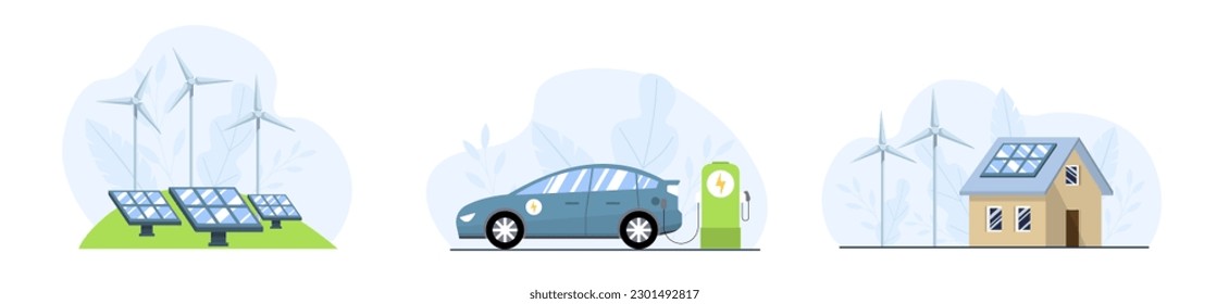 Eco energy set. Eco private house with solar energy panels a. Electric car. Renewable energy concept. Vector illustration.