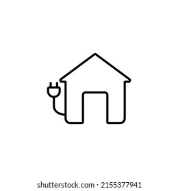 Eco energy socket and building line icon, smart home symbol, electricity vector sign on white background, house and electric plug icon in outline style for mobile and web. Vector graphics