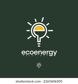 Eco Energy Solutions startup logotype in the form of a light bubble with light rays outside and an 'e' letter with a warm color element inside the logo. A single-color version is included.