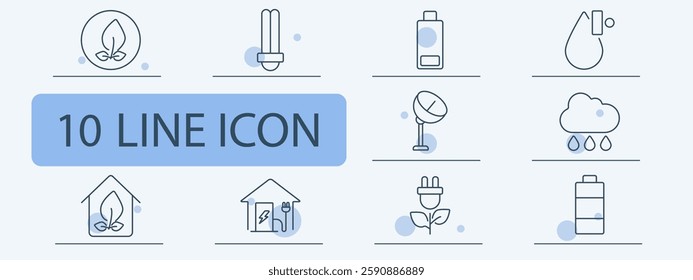 Eco energy and sustainability set icon. Leaf, LED bulb, battery, satellite dish, water conservation, rain, eco house, electric home, green plug, power storage.