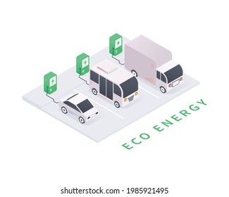 Eco energy and eco transport concept. Electric vehicle charging station with car, bus, truck. Green energy in isometric vector illustration.