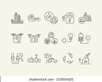 Eco energy types icons. Set of line icons. Sun and bulb, leaves, city alarm. Alternative energy concept. Vector illustration can be used for topics like environment, ecology, technology