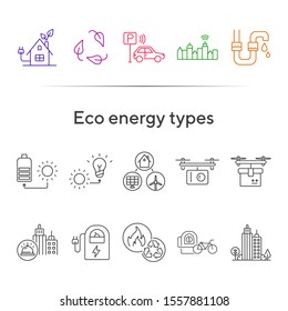 Eco energy types icons. Set of line icons. Sun and bulb, leaves, city alarm. Alternative energy concept. Vector illustration can be used for topics like environment, ecology, technology