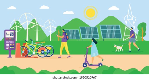 Eco energy at urban park concept, vector illustration. People man woman character use ecological energy outdoor, ride bicycle at modern street.