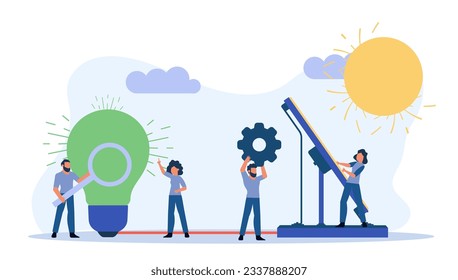 Ilustración ecológica alternativa de vector de energía ecológica ambiental ambiente limpio. Panel de energía solar renovable con personas. El mundo de la tecnología de los negocios del Sol Terrestre Eléctrico. Generador de reciclaje de pancartas