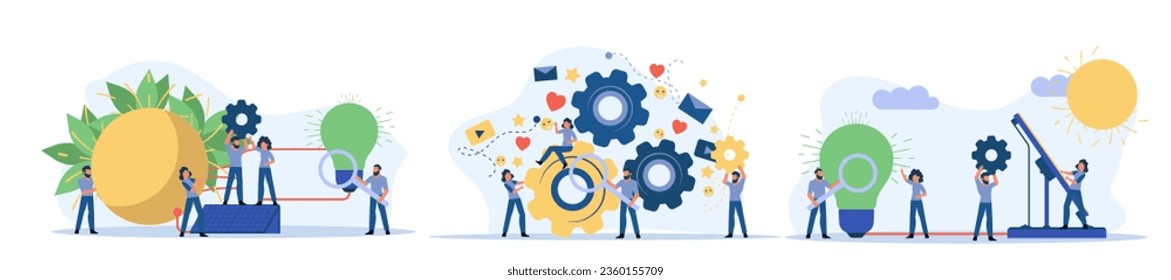 Eco energy vector alternative ecology illustration clean environment. Power solar renewable nature panel with people. Electric Earth sun business technology global world. Banner recycle generator