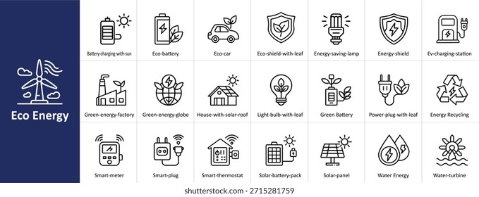 Eco Energy Vector Icon Set with Sustainable Power, Solar, and Environmental Symbols