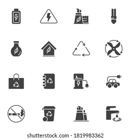 Eco energy vector icons set, modern solid symbol collection, filled style pictogram pack. Signs, logo illustration. Set includes icons as renewable energy, recycling bag, electric car charging station