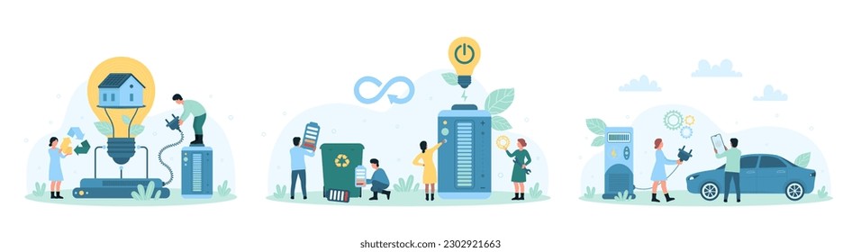 Eco energy vector illustration. Cartoon tiny people save ecology, recharge electric car and smart home inside bright light bulb with battery and smart station, recycle waste charger and accumulator