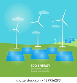 Eco energy vector illustration. Power plant using renewable solar energy with sun and wind turbine. Renewable resources. Production of energy from the sun and wind. Ecological types of electricity.