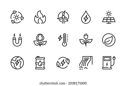 Eco Energy Vector Linear Icons Set. Natural Energy Icon. The Energy Of The Sun, Wind, Water, Fire And Much More. Isolated Collection Of Ecologically Clean Energy For Website And Mobile.