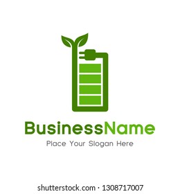 Eco Energy Vector Logo with leaf and battery symbol. Nature and electricity renewable. This logo is suitable for technology, recycle, organic, plug.