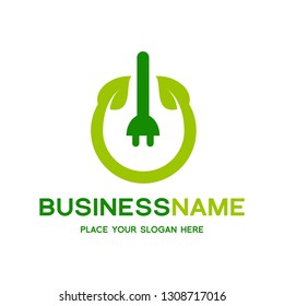 Eco Energy Vector Logo with leaf and power symbol. Green color. Nature and electricity renewable. This logo is suitable for technology, recycle, organic, plug.