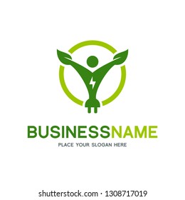 Eco Energy Vector Logo with leaf and human symbol. Green color with flash or thunder graphic. Nature and electricity renewable. This logo is suitable for technology, recycle, organic, plug.