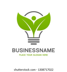 Eco Energy Vector Logo with leaf, human bulb light symbol. Green color. Nature and electricity renewable. This logo is suitable for technology, recycle, organic, plug.