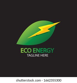 Eco Energy Vector Logo with leaf symbol. Green color with flash or thunder graphic. Nature and electricity renewable. This logo is suitable for technology, recycle, organic.