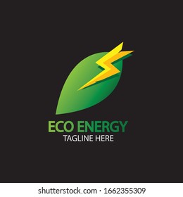 Eco Energy Vektorillustration Logo mit Blattsymbol. Grüne Farbe mit Blitz- oder Donner-Grafik. Natur und Strom sind erneuerbar. Dieses Logo eignet sich für Technologie, Recycling, Bio.
