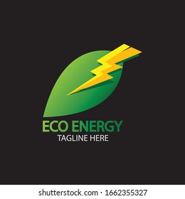 Eco Energy Vector Logo with leaf symbol. Green color with flash or thunder graphic. Nature and electricity renewable. This logo is suitable for technology, recycle, organic.