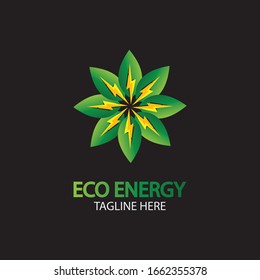 Eco Energy Vektorillustration Logo mit Blattsymbol. Grüne Farbe mit Blitz- oder Donner-Grafik. Natur und Strom sind erneuerbar. Dieses Logo eignet sich für Technologie, Recycling, Bio.