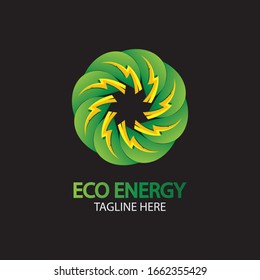 Eco Energy Vektorillustration Logo mit Blattsymbol. Grüne Farbe mit Blitz- oder Donner-Grafik. Natur und Strom sind erneuerbar. Dieses Logo eignet sich für Technologie, Recycling, Bio.