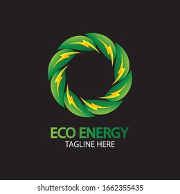Logotipo del vector de energía ecológica con símbolo de hoja. Color verde con gráfico brillante o delgado. Naturaleza y electricidad renovables. Este logotipo es adecuado para tecnología, reciclaje, orgánico.