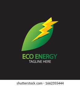 Eco Energy Vector Logo with leaf symbol. Green color with flash or thunder graphic. Nature and electricity renewable. This logo is suitable for technology, recycle, organic.
