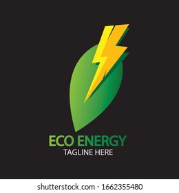 Eco Energy Vector Logo with leaf symbol. Green color with flash or thunder graphic. Nature and electricity renewable. This logo is suitable for technology, recycle, organic.