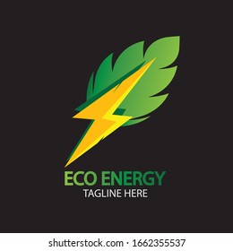 Eco Energy Vector Logo with leaf symbol. Green color with flash or thunder graphic. Nature and electricity renewable. This logo is suitable for technology, recycle, organic.