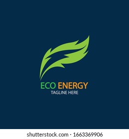 Eco Energy Vector Logo with leaf symbol. Green color with flash or thunder graphic. Nature and electricity renewable. This logo is suitable for technology, recycle, organic.