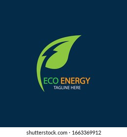 Eco Energy Vector Logo with leaf symbol. Green color with flash or thunder graphic. Nature and electricity renewable. This logo is suitable for technology, recycle, organic.