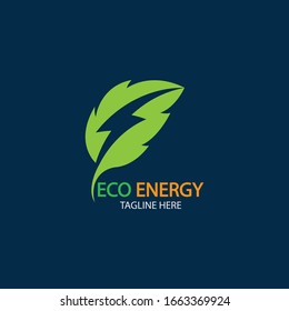 Eco Energy Vector Logo with leaf symbol. Green color with flash or thunder graphic. Nature and electricity renewable. This logo is suitable for technology, recycle, organic.