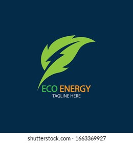 Eco Energy Vector Logo with leaf symbol. Green color with flash or thunder graphic. Nature and electricity renewable. This logo is suitable for technology, recycle, organic.