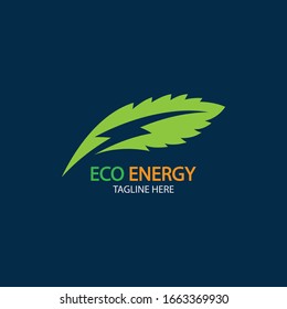 Eco Energy Vector Logo with leaf symbol. Green color with flash or thunder graphic. Nature and electricity renewable. This logo is suitable for technology, recycle, organic.