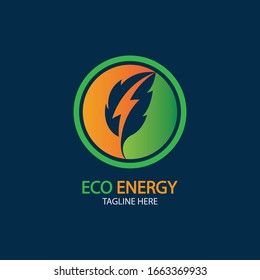 Eco Energy Vector Logo with leaf symbol. Green color with flash or thunder graphic. Nature and electricity renewable. This logo is suitable for technology, recycle, organic.