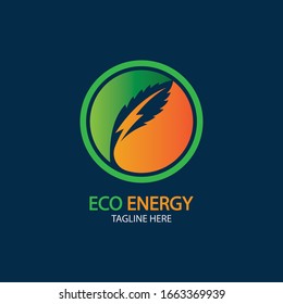 Eco Energy Vector Logo with leaf symbol. Green color with flash or thunder graphic. Nature and electricity renewable. This logo is suitable for technology, recycle, organic.