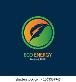 Eco Energy Vector Logo with leaf symbol. Green color with flash or thunder graphic. Nature and electricity renewable. This logo is suitable for technology, recycle, organic.