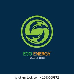 Eco Energy Vector Logo with leaf symbol. Green color with flash or thunder graphic. Nature and electricity renewable. This logo is suitable for technology, recycle, organic.