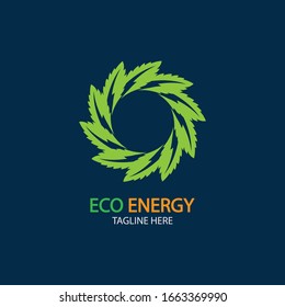 Eco Energy Vector Logo with leaf symbol. Green color with flash or thunder graphic. Nature and electricity renewable. This logo is suitable for technology, recycle, organic.