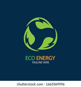 Eco Energy Vector Logo with leaf symbol. Green color with flash or thunder graphic. Nature and electricity renewable. This logo is suitable for technology, recycle, organic.