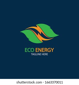 Eco Energy Vector Logo with leaf symbol. Green color with flash or thunder graphic. Nature and electricity renewable. This logo is suitable for technology, recycle, organic.